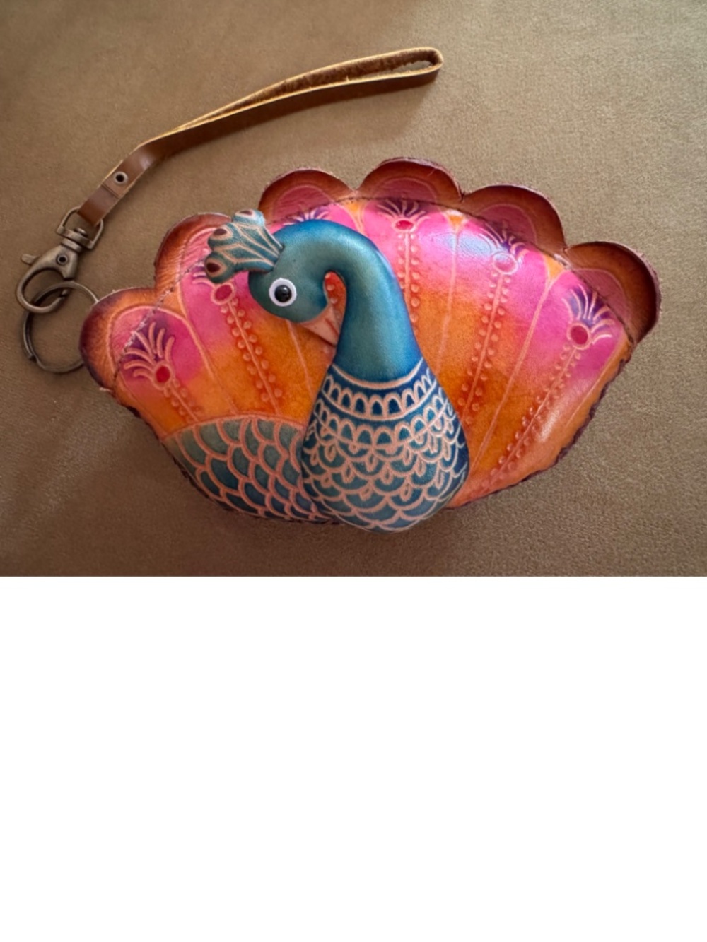 Hand Painted Leather Peacock Coin Purse Keychain Boho Wallet Pouch